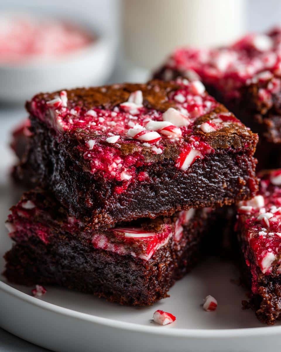 Close-up of rich chocolate Candy Cane Brownies topped with crushed candy canes and a hint of red.