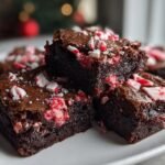 Close-up of rich chocolate Candy Cane Brownies topped with crushed candy canes on a white plate.