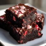 A stack of rich chocolate Candy Cane Brownies topped with crushed candy canes and a sprinkle of sea salt.