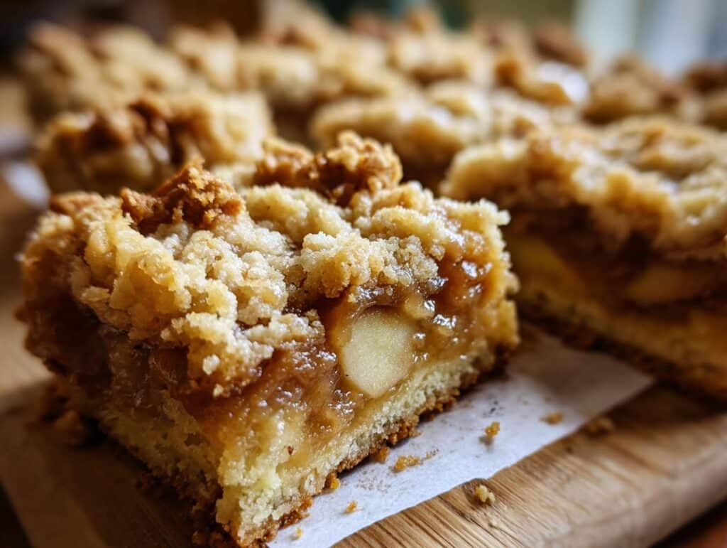 Close-up of a delicious Caramel Apple Bar showing layers of crumble topping, gooey caramel, and apple chunks.