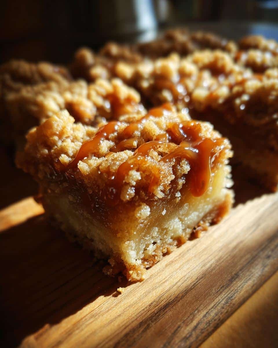 Close-up of a square Caramel Apple Bar with a crumb topping and drizzled caramel sauce.