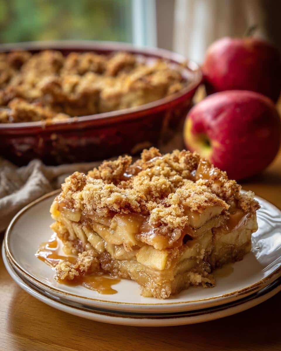 A delicious slice of Caramel Apple Bars, showing layers of baked apples and a crumbly topping drizzled with caramel.