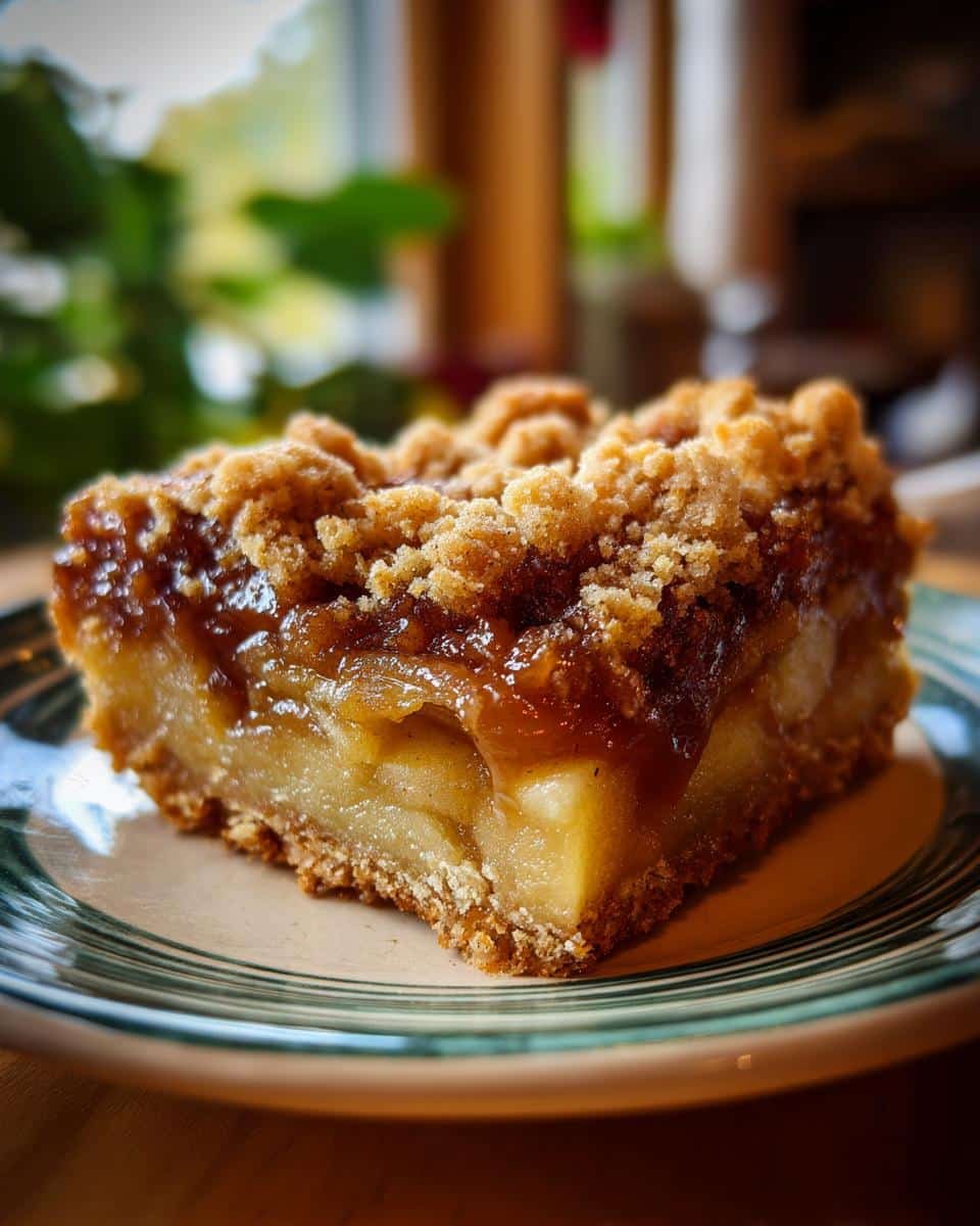 A close-up of a slice of Caramel Apple Bars on a plate, showing layers of baked apples and crumb topping.