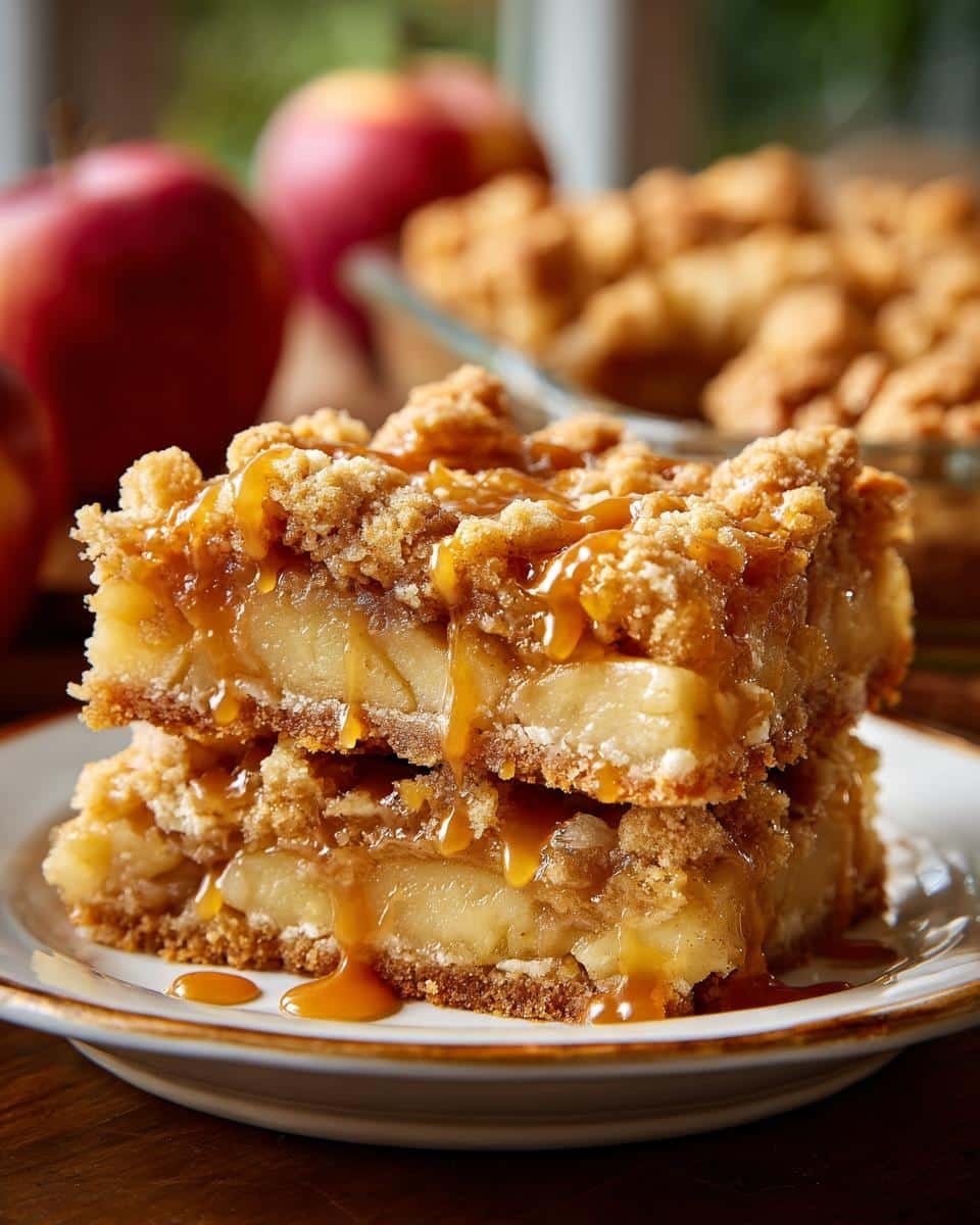 Two stacked Caramel Apple Bars on a plate, drizzled with gooey caramel sauce.