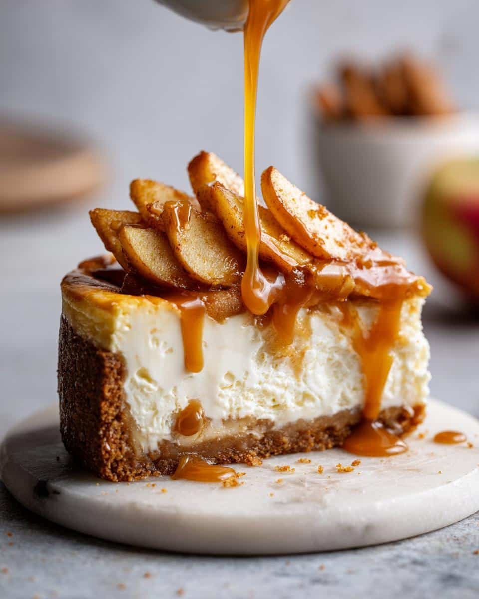 Amazing Caramel Apple Cheesecake 1 6 A slice of Caramel Apple Cheesecake with caramel sauce being drizzled over the top and apple slices.