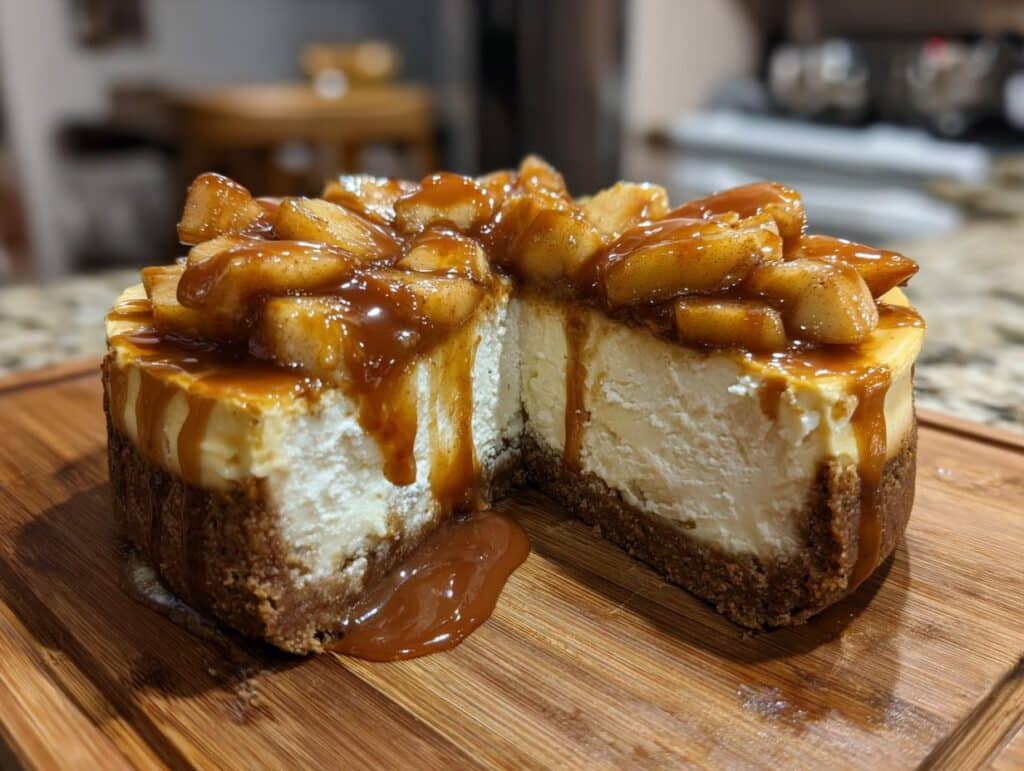 A slice of rich Caramel Apple Cheesecake with a graham cracker crust, topped with spiced apples and drizzled with caramel sauce.