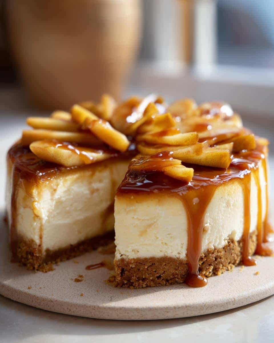 Amazing Caramel Apple Cheesecake 1 9 A slice of rich Caramel Apple Cheesecake, topped with glossy caramel sauce and apple slices, with caramel dripping down the side.