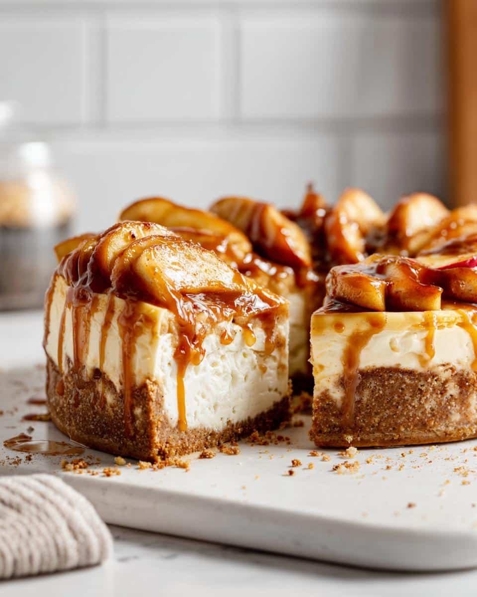 Amazing Caramel Apple Cheesecake 1 8 A slice of rich Caramel Apple Cheesecake topped with cooked apples and drizzled with caramel sauce.