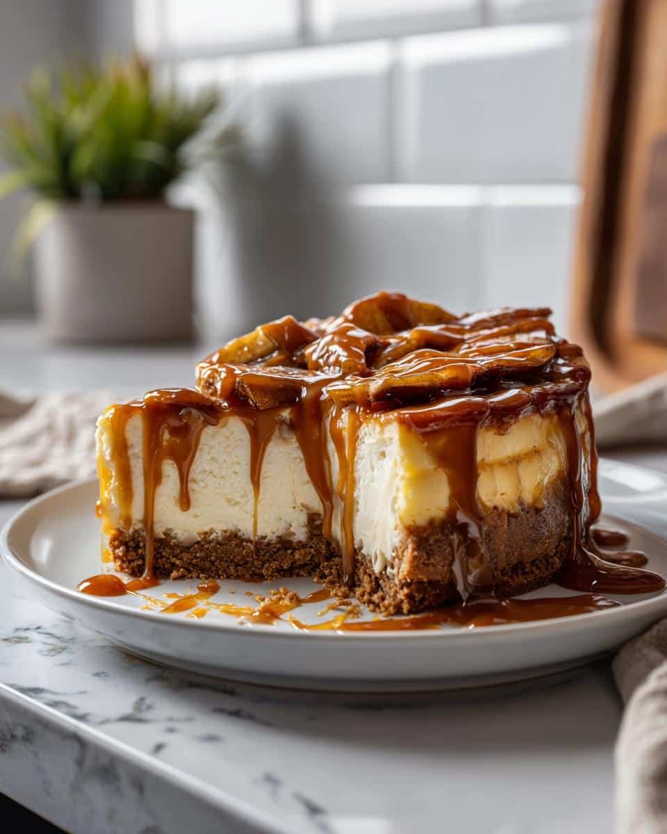 Amazing Caramel Apple Cheesecake 1 7 A slice of rich Caramel Apple Cheesecake topped with gooey caramel sauce and apple pieces, on a white plate.