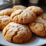 A close-up of several golden-brown Chai Latte Cookies dusted with sugar, piled on a white plate.