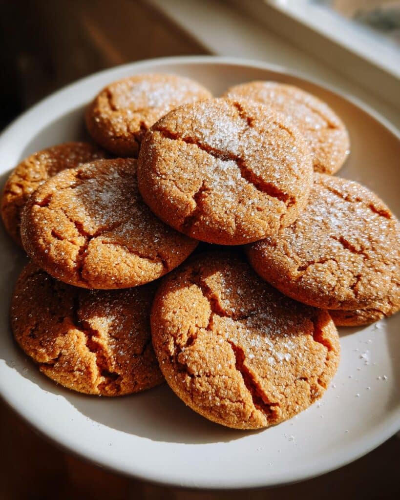 A pile of golden brown Chai Latte Cookies dusted with sugar, showing their cracked tops.