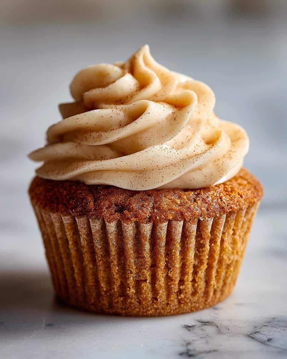 Warm Chai Spiced Cupcakes: 17 Years Of Joy 7 A close-up of a Chai Spiced Cupcake topped with swirl of creamy frosting dusted with cinnamon.