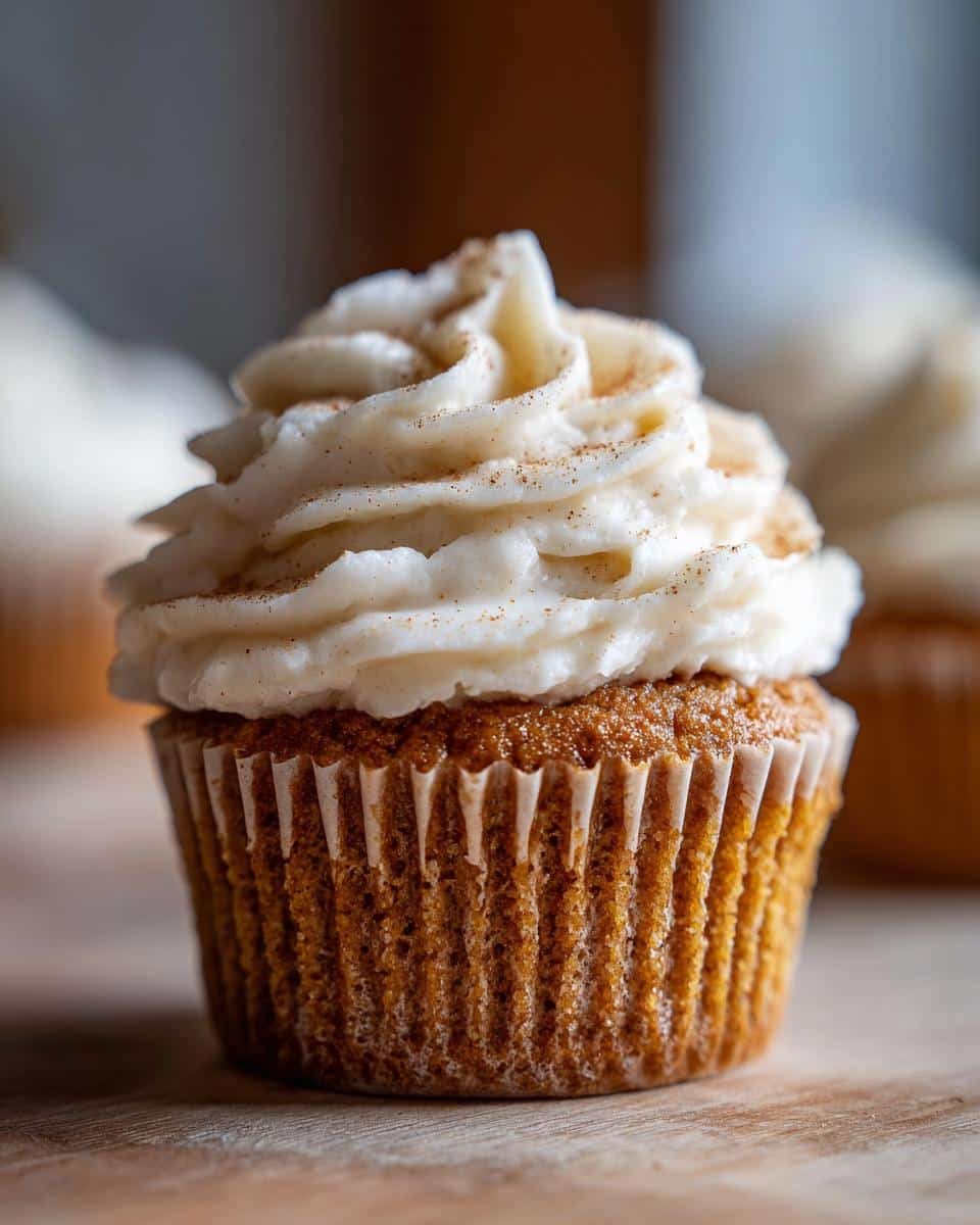 Warm Chai Spiced Cupcakes: 17 Years Of Joy 8 A close-up of a Chai Spiced Cupcake topped with swirls of cream cheese frosting and a sprinkle of cinnamon.