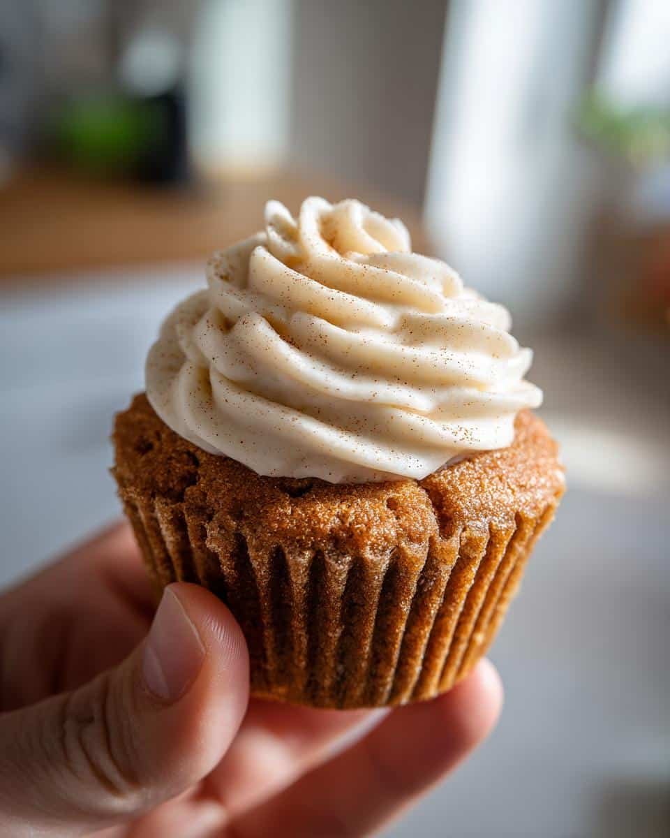 Warm Chai Spiced Cupcakes: 17 Years Of Joy 9 A hand holding a delicious Chai Spiced Cupcake topped with swirl of creamy frosting and a sprinkle of cinnamon.