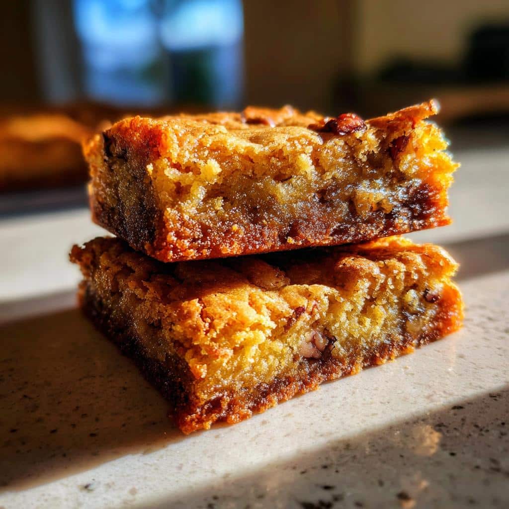Close-up of two chai spiced cupcakes bars stacked, showing their rich texture and embedded nuts.