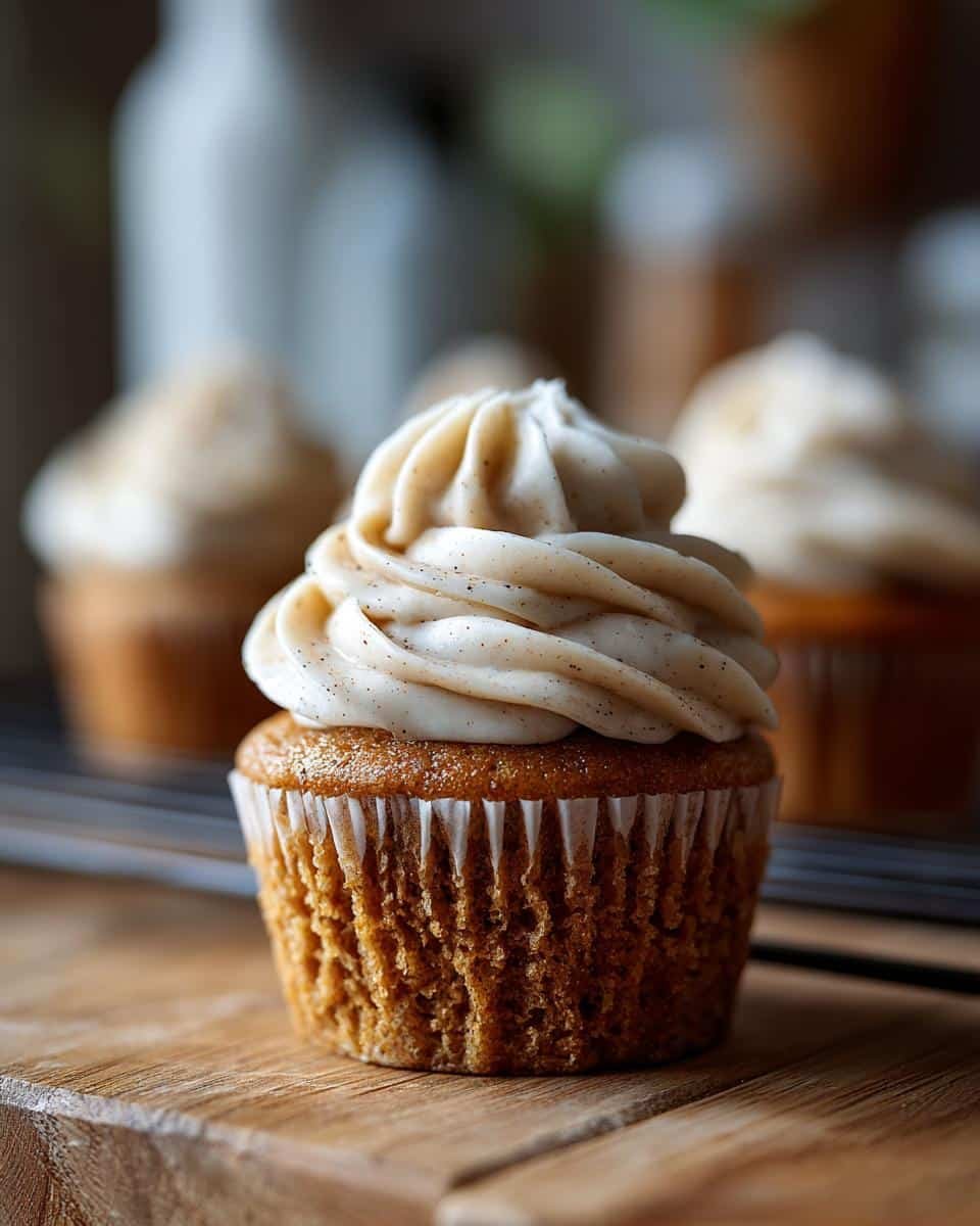 Warm Chai Spiced Cupcakes: 17 Years Of Joy 6 A close-up of a Chai Spiced Cupcake topped with swirls of creamy frosting speckled with spices.