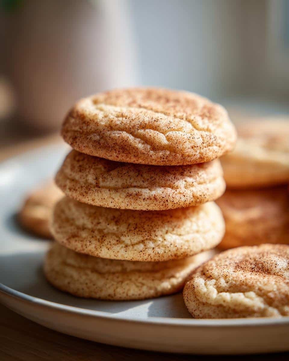 A close-up of a stack of chewy Eggnog Cookies, dusted with cinnamon sugar.
