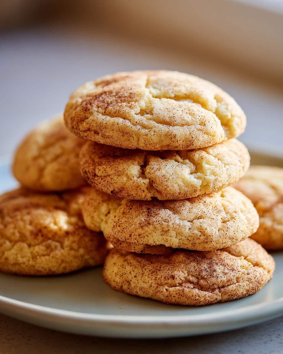 A stack of chewy Eggnog Cookies, dusted with cinnamon sugar, on a pale blue plate.