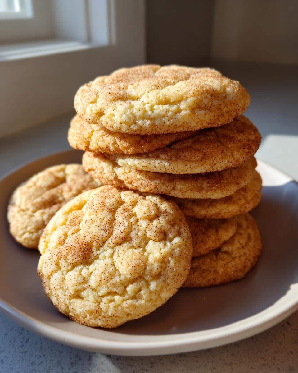 A close-up stack of chewy Eggnog Cookies, dusted with cinnamon sugar, on a light grey plate.