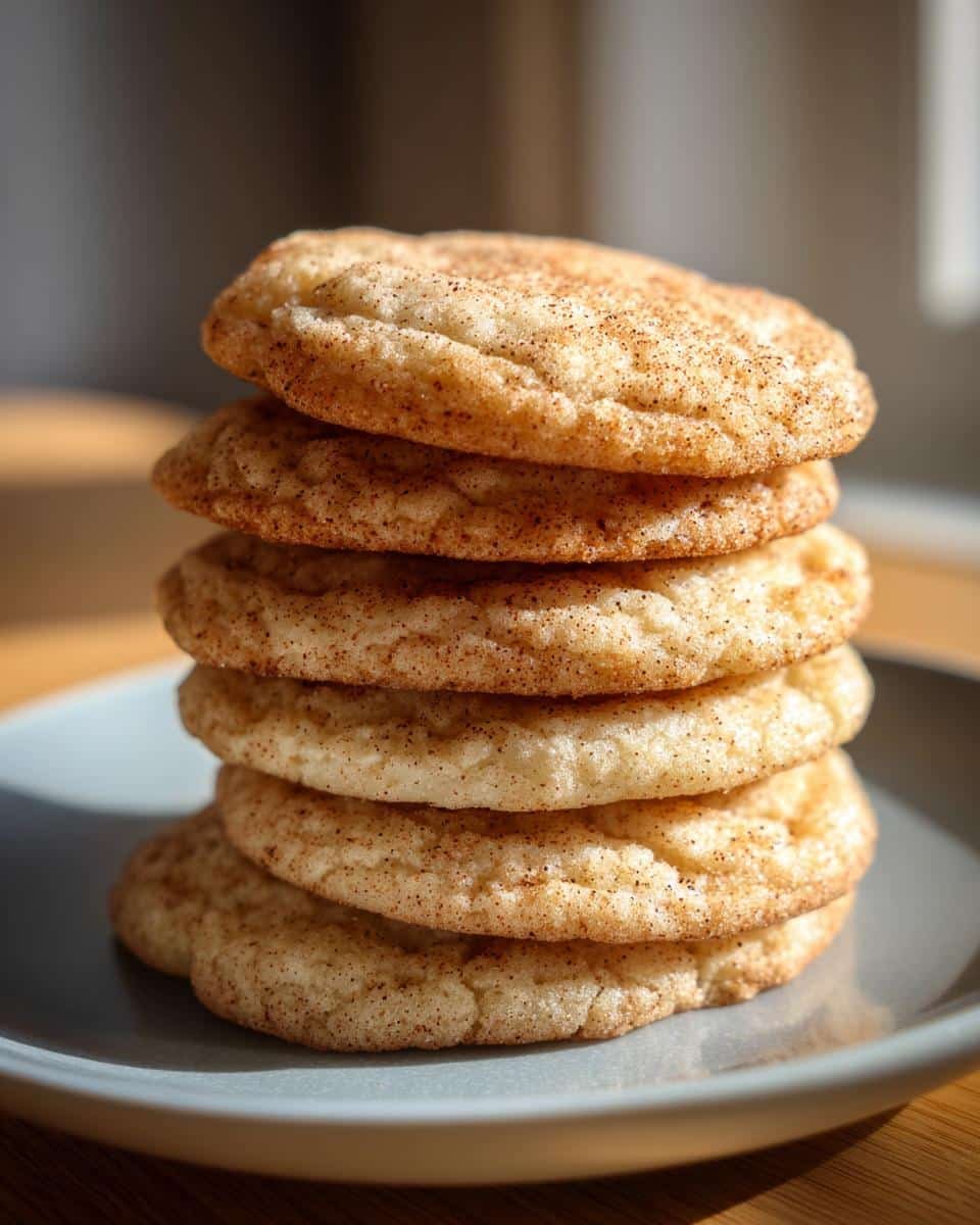 A stack of five chewy eggnog cookies, dusted with cinnamon sugar, on a grey plate.