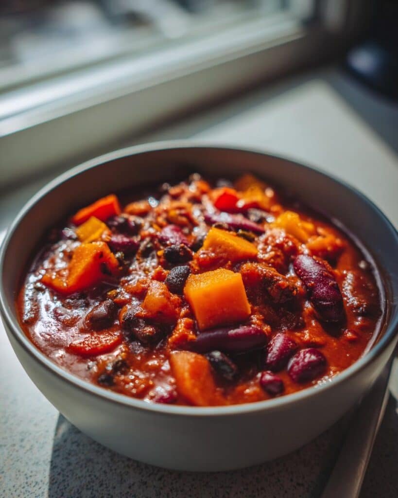 A close-up view of a bowl filled with hearty chili with pumpkin, kidney beans, and black beans.