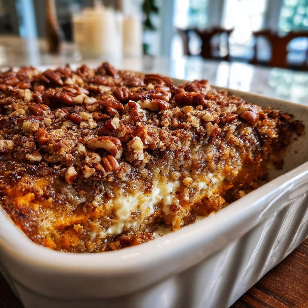 Amazing Chili with Pumpkin: 1 hr Cozy Fall Meal 7 A close-up of a baked Chili with Pumpkin casserole in a white dish, topped with crunchy pecans and a crumble topping.