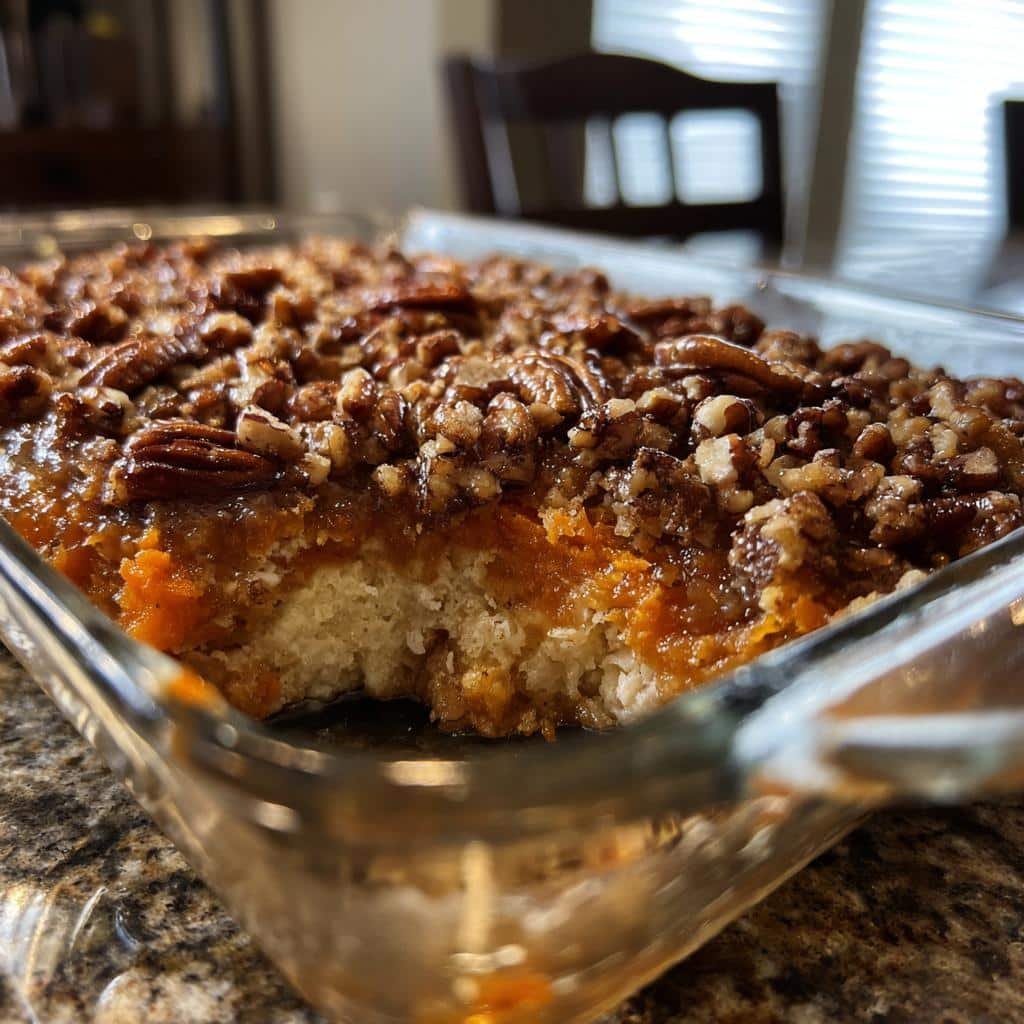 Amazing Chili with Pumpkin: 1 hr Cozy Fall Meal 8 A close-up of a slice of sweet chili with pumpkin casserole, topped with pecans and a crumbly streusel.