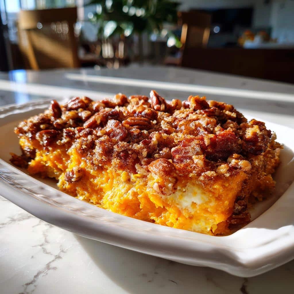 Amazing Chili with Pumpkin: 1 hr Cozy Fall Meal 6 A slice of Chili with Pumpkin casserole topped with crunchy pecans and a creamy center.