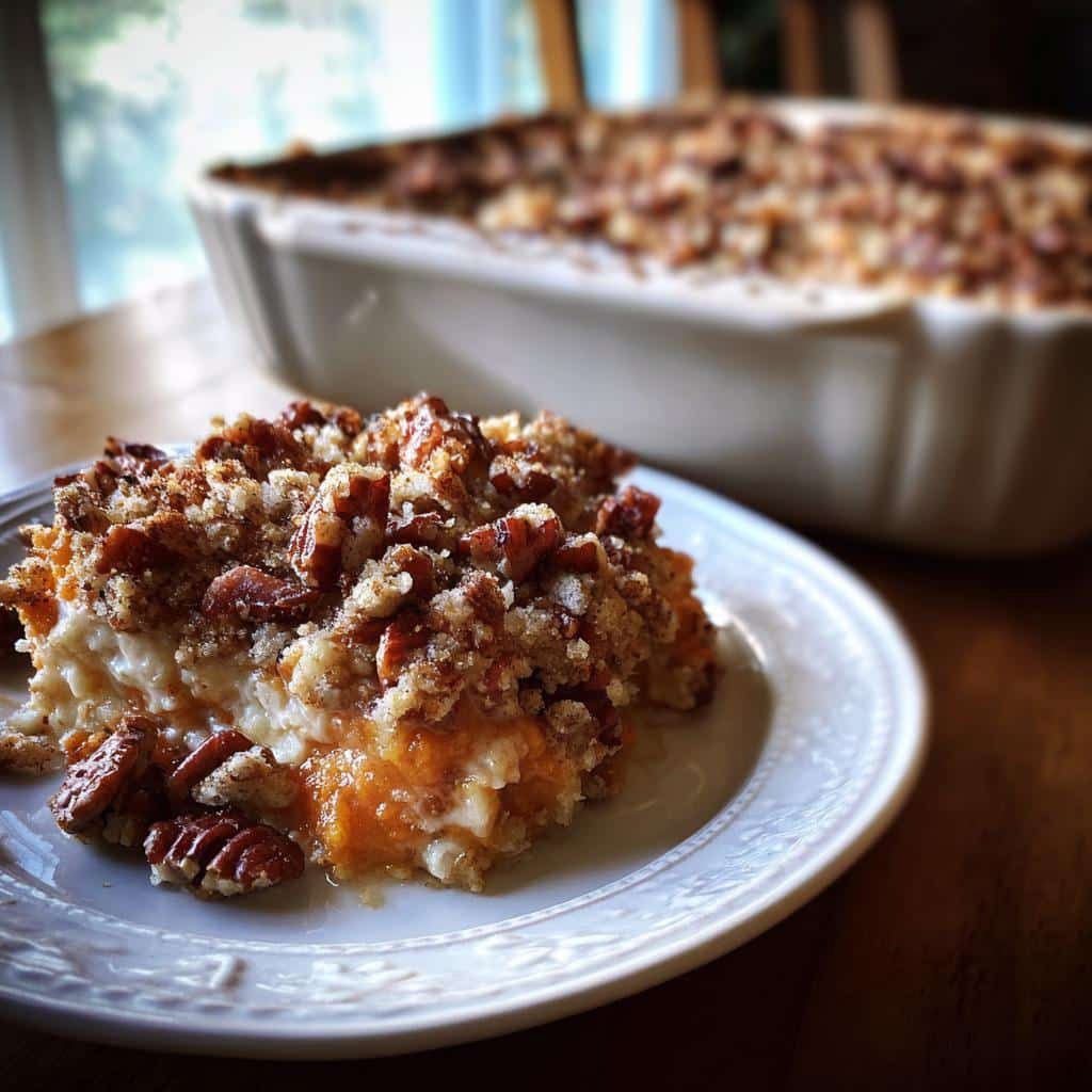 Amazing Chili with Pumpkin: 1 hr Cozy Fall Meal 9 A slice of Chili with Pumpkin casserole topped with pecans and crumble on a white plate.