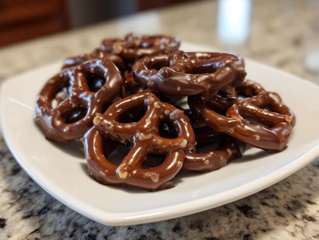 A pile of delicious chocolate dipped pretzels on a white plate, ready to be enjoyed.