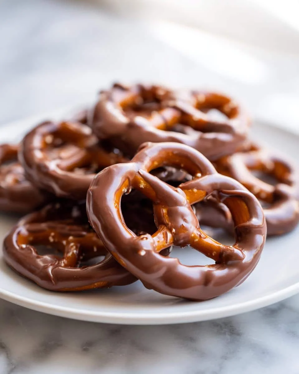 A close-up of a pile of chocolate dipped pretzels on a white plate.