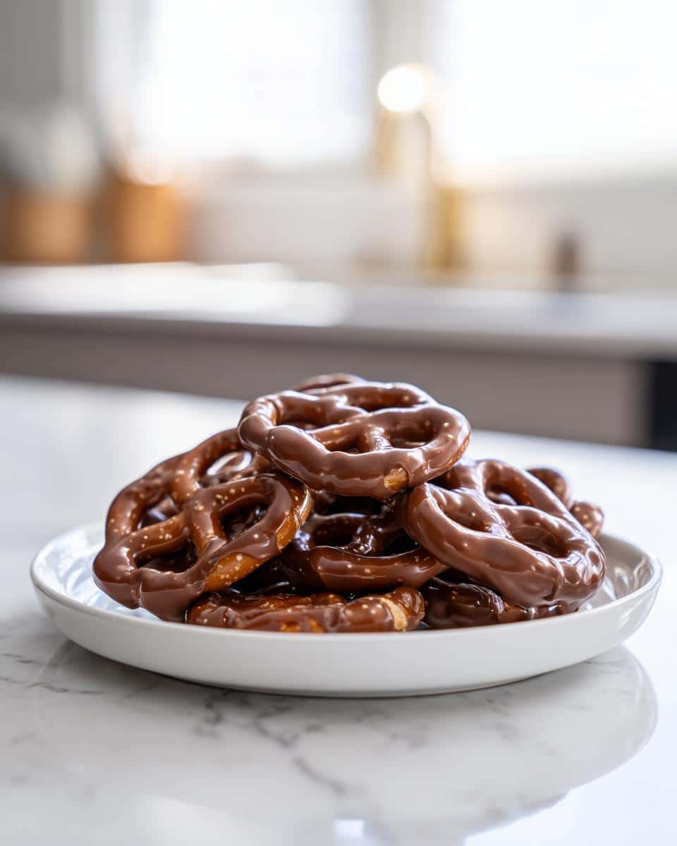 A pile of chocolate dipped pretzels on a white plate, ready to be enjoyed.