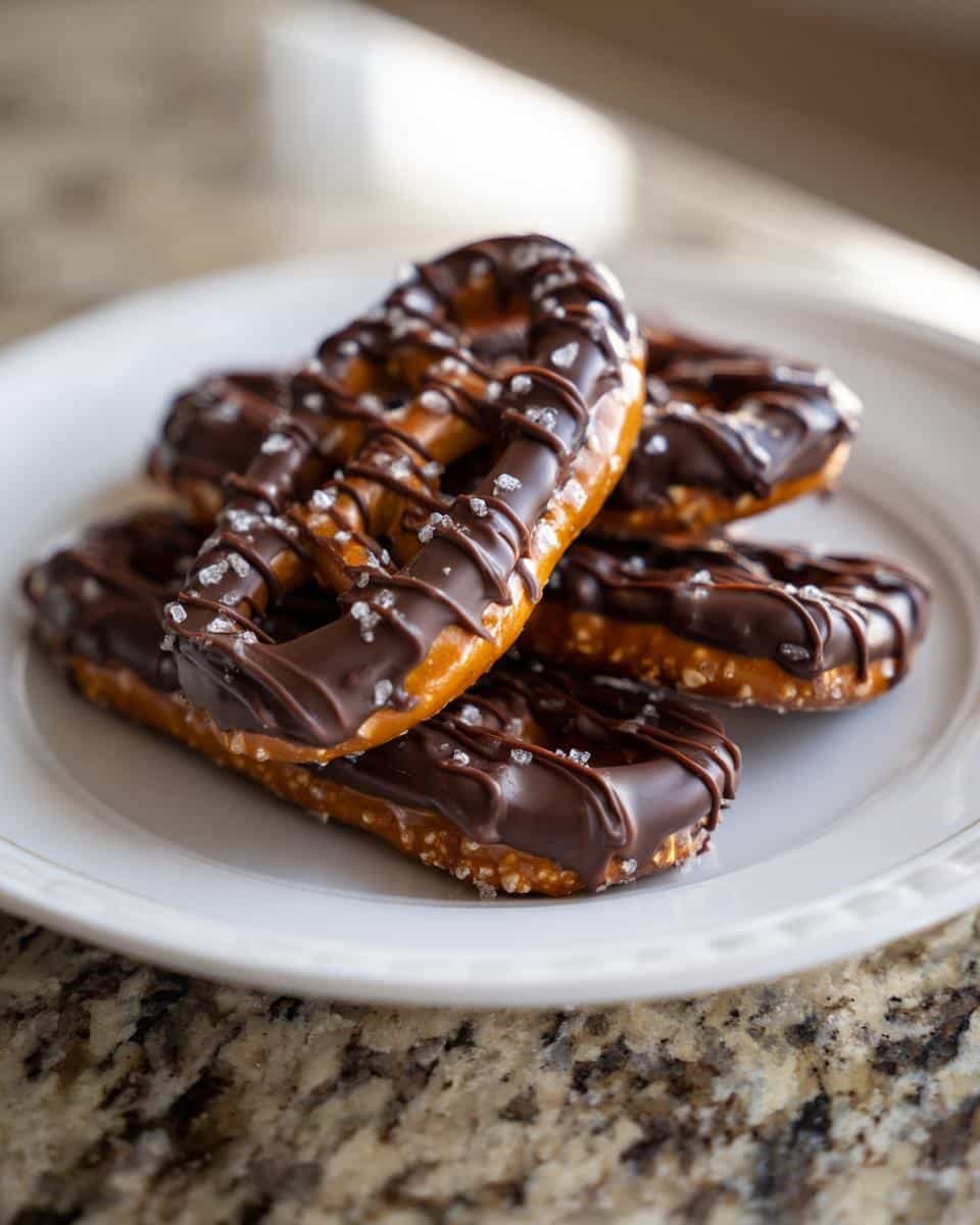 A pile of delicious chocolate dipped pretzels, drizzled with dark chocolate and sprinkled with sea salt.