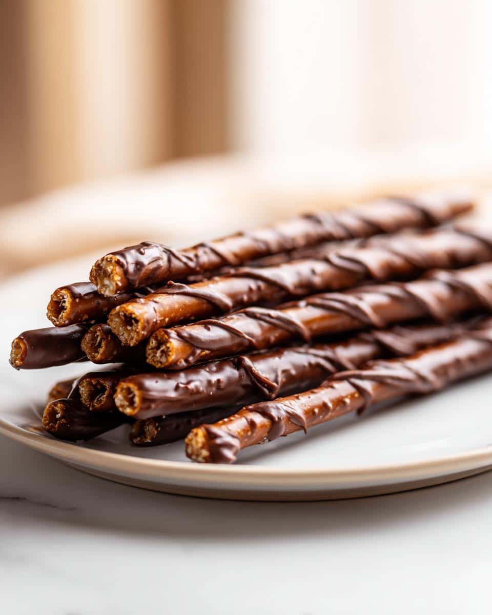 A close-up shot of a stack of chocolate dipped pretzels on a white plate.
