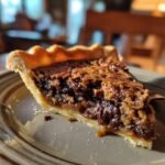 A close-up of a slice of Chocolate Pecan Pie on a plate, showing the flaky crust, gooey filling, and crunchy pecans.