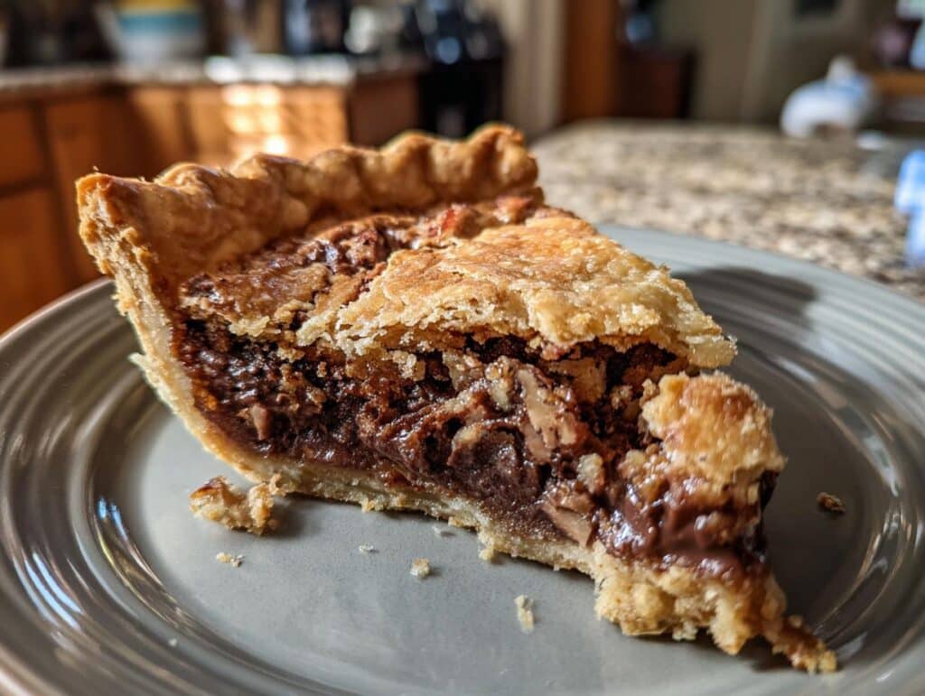 A close-up of a slice of Chocolate Pecan Pie on a gray plate, showcasing the flaky crust and rich filling.