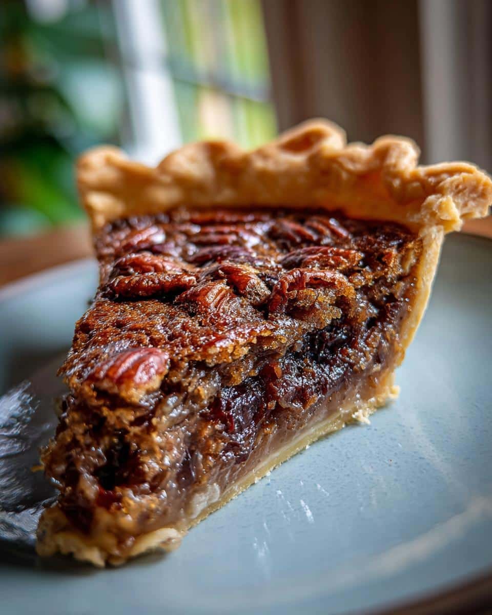 A close-up of a slice of Chocolate Pecan Pie on a blue plate, showcasing the flaky crust and rich filling topped with pecans.