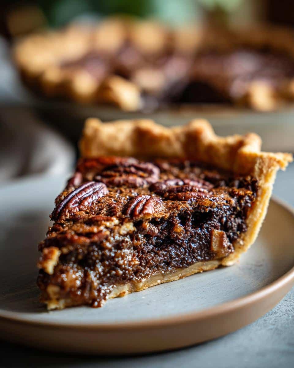 A close-up of a delicious slice of Chocolate Pecan Pie, showcasing the rich filling and pecan topping.