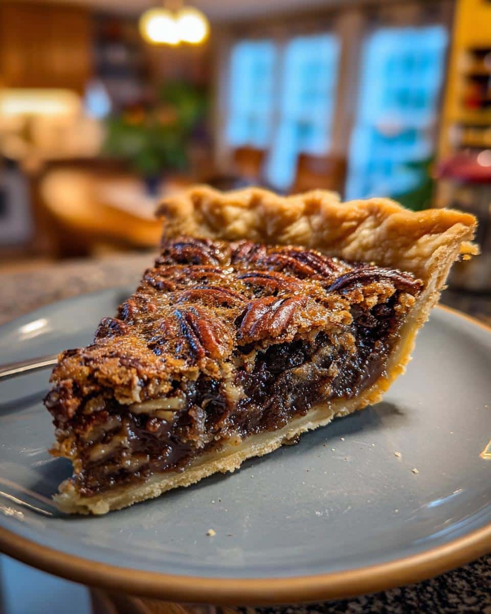 A delicious slice of Chocolate Pecan Pie on a blue plate, showing the flaky crust and rich filling topped with pecans.