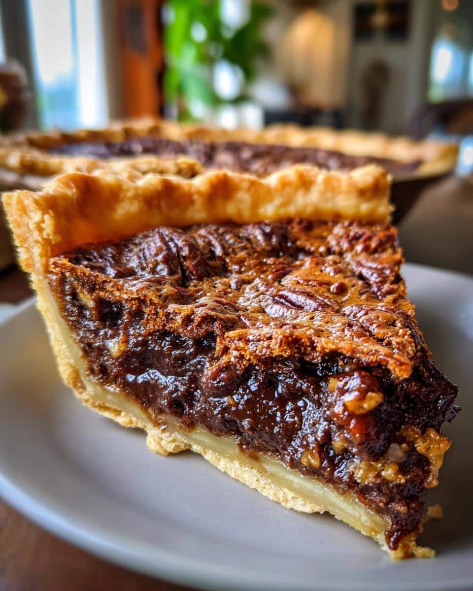 A close-up of a slice of rich Chocolate Pecan Pie on a plate, showing the flaky crust and gooey filling with pecans.