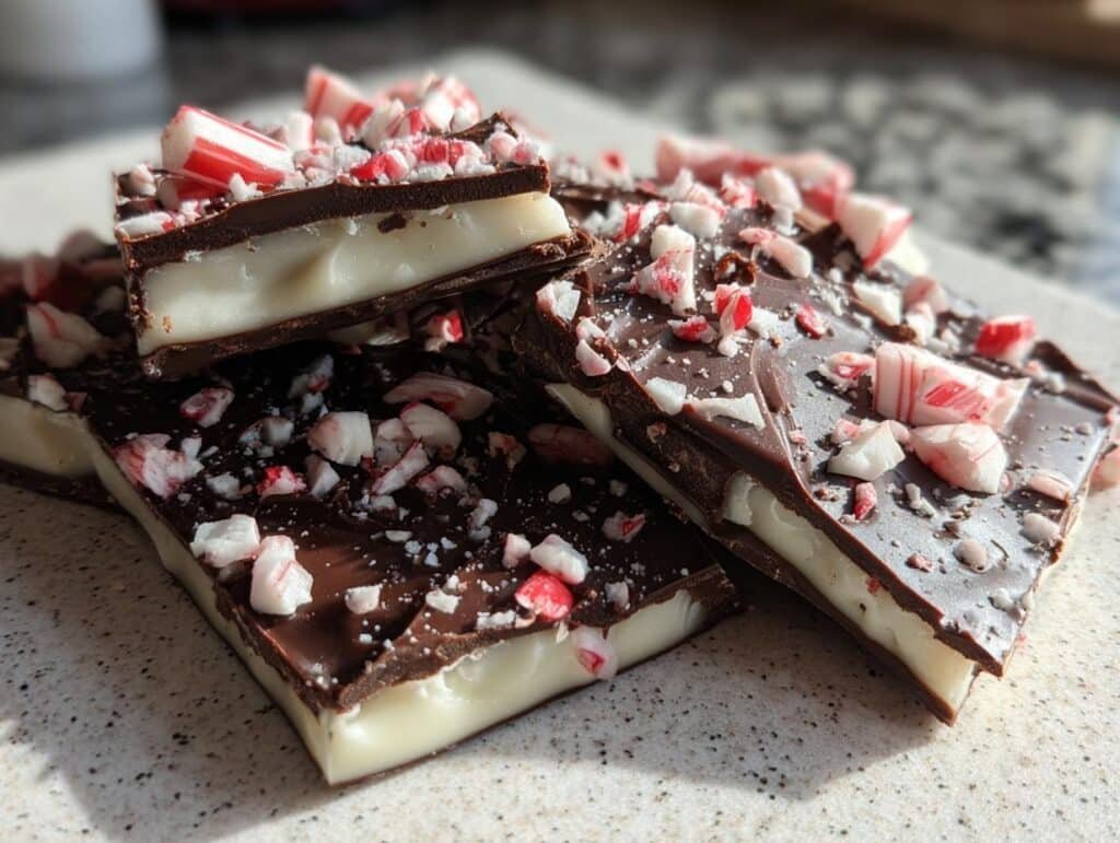 Close-up of Chocolate Peppermint Bark, showing layers of dark chocolate and white filling topped with crushed candy canes.