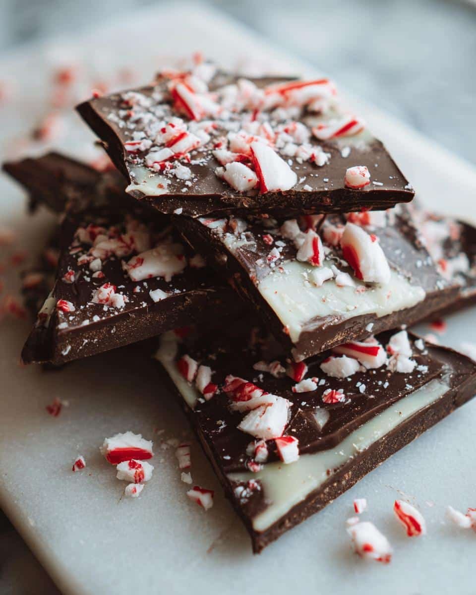 A close-up stack of dark Chocolate Peppermint Bark pieces, topped with crushed candy canes and white chocolate swirls.