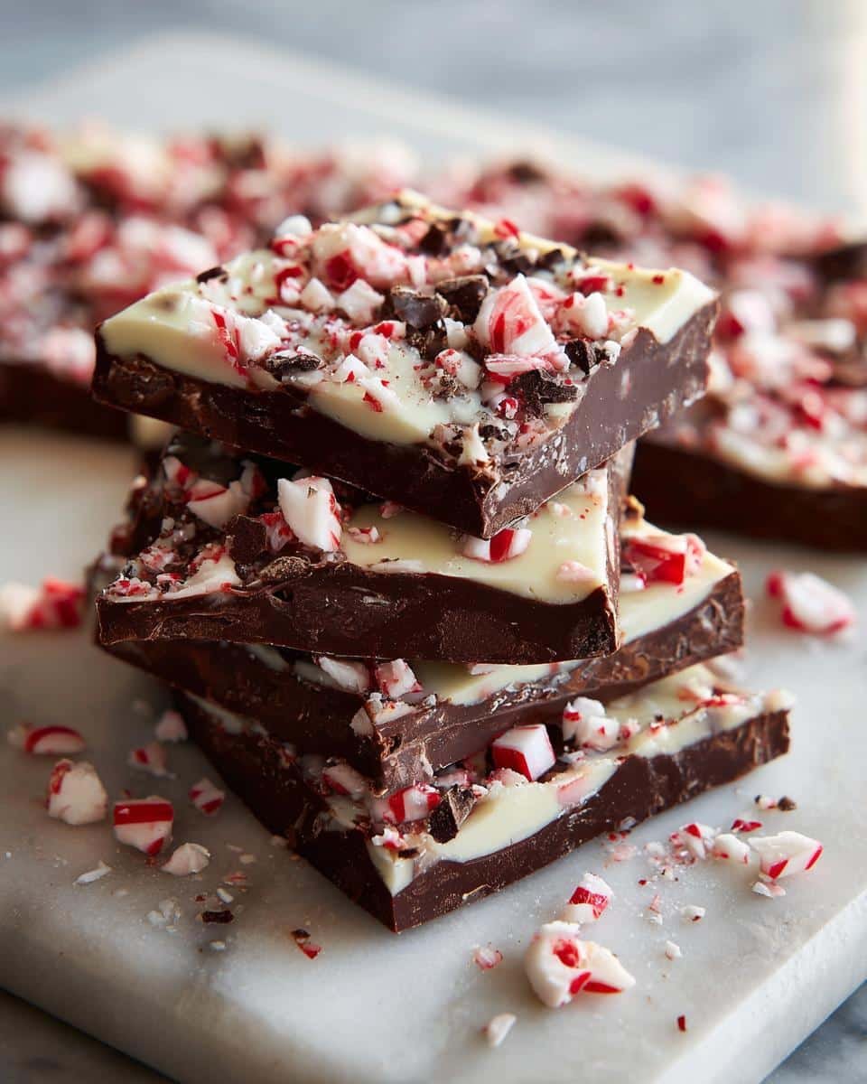 A stack of rich Chocolate Peppermint Bark pieces, topped with crushed candy canes and chocolate chips.