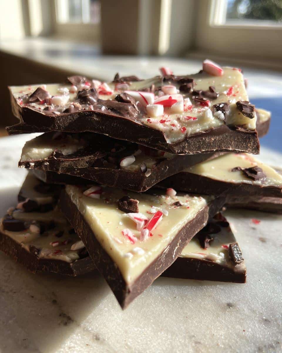 A stack of broken pieces of Chocolate Peppermint Bark, showing dark chocolate, white chocolate, and crushed candy canes.