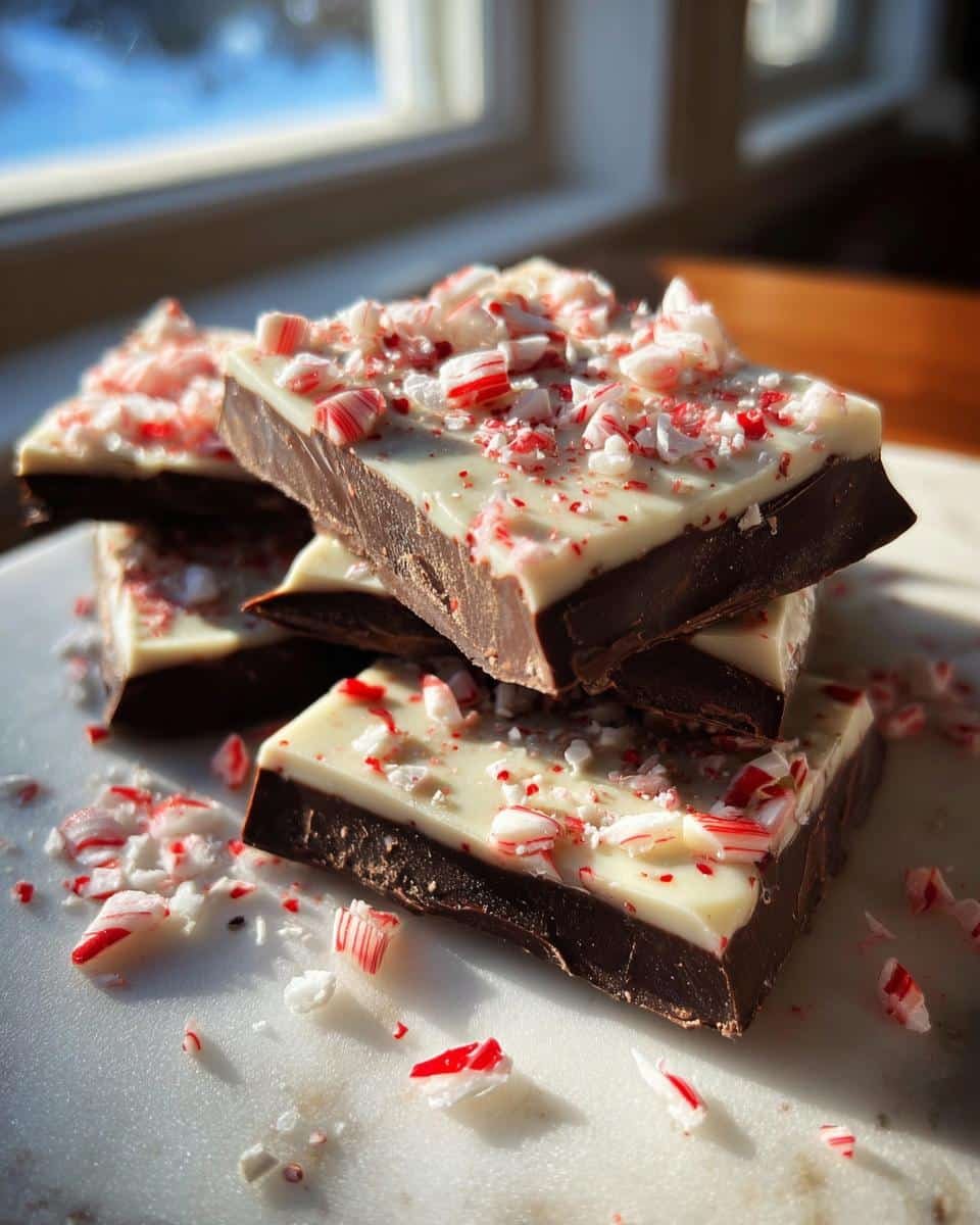 A stack of rich Chocolate Peppermint Bark pieces, topped with crushed candy canes and white chocolate.