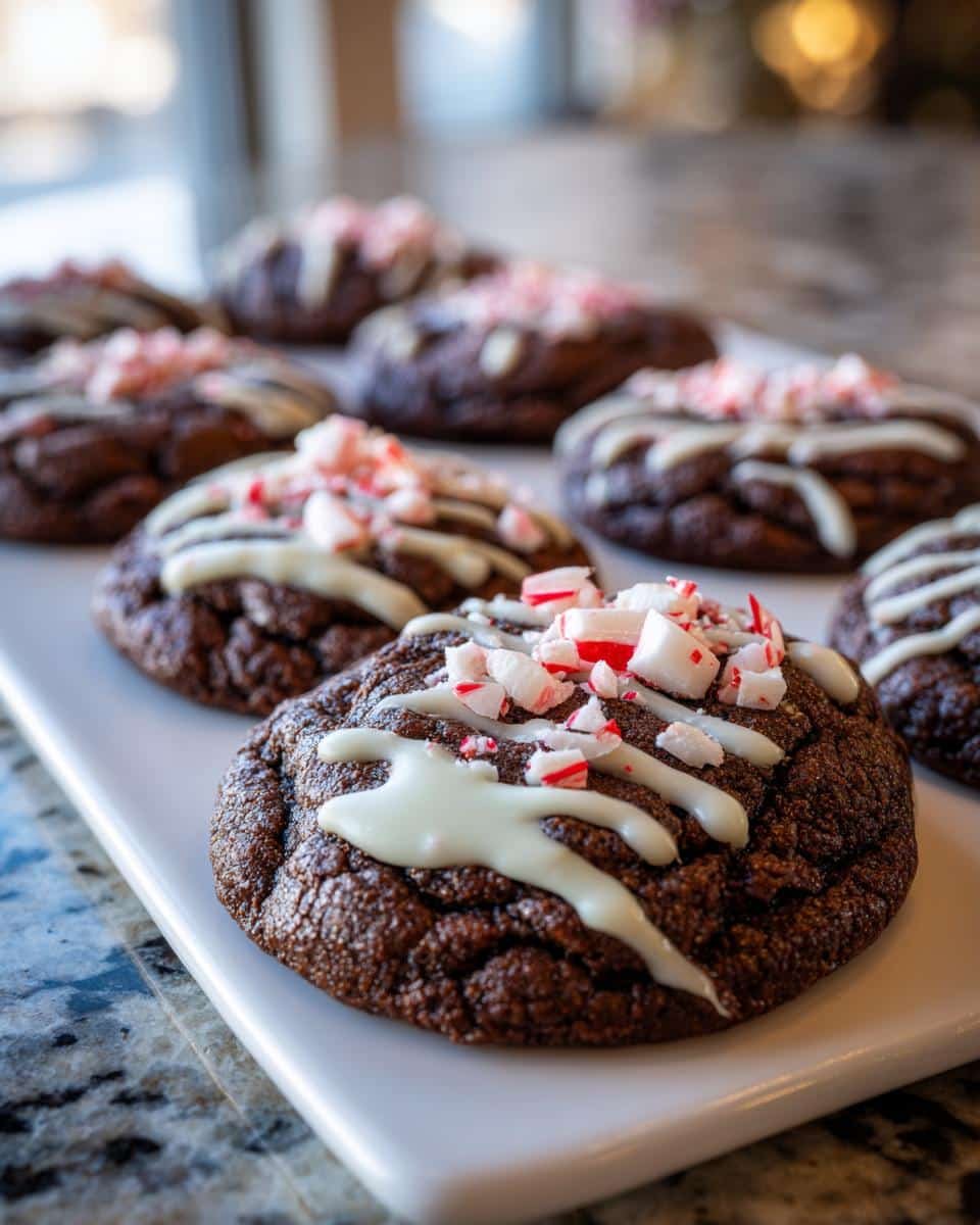 Amazing Chocolate Peppermint Cookies: 11 Easy Steps 9 Close-up of rich chocolate peppermint cookies topped with white chocolate drizzle and crushed candy canes.