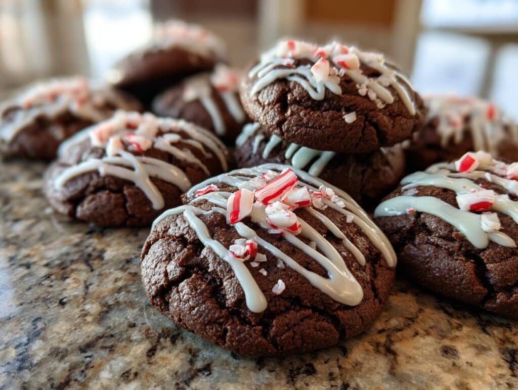 Close-up of a pile of rich chocolate peppermint cookies, drizzled with white icing and topped with crushed candy canes.