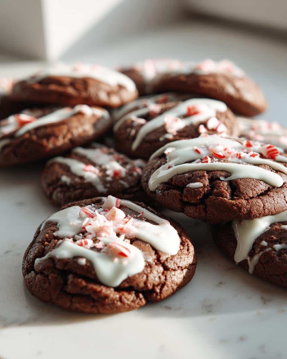 Amazing Chocolate Peppermint Cookies: 11 Easy Steps 8 A close-up of several chocolate peppermint cookies, drizzled with white icing and crushed candy canes.
