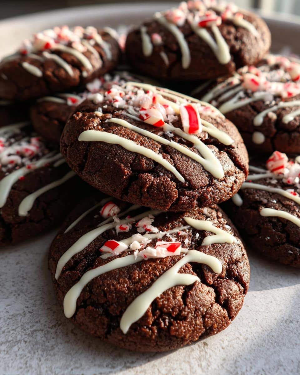 Amazing Chocolate Peppermint Cookies: 11 Easy Steps 7 Close-up of rich chocolate peppermint cookies drizzled with white chocolate and crushed candy canes.