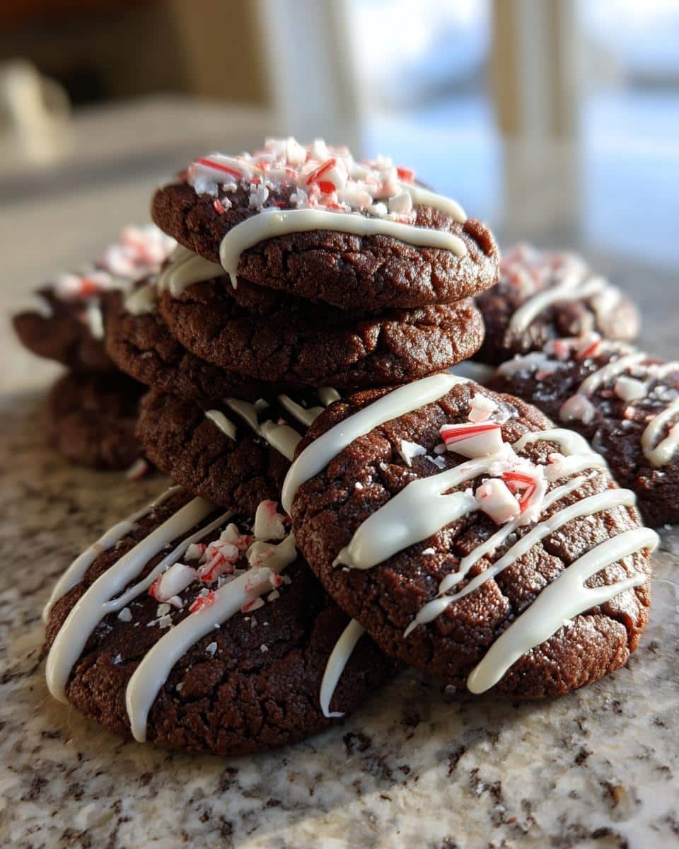 Amazing Chocolate Peppermint Cookies: 11 Easy Steps 6 A stack of delicious Chocolate Peppermint Cookies, drizzled with white icing and topped with crushed candy canes.